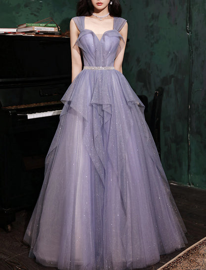 A-Linie Ballkleider Sparkle &amp; Shine Kleid Hochzeitsgast Geburtstag Bodenlang Ärmellos Off Shoulder Tüll mit Pailletten