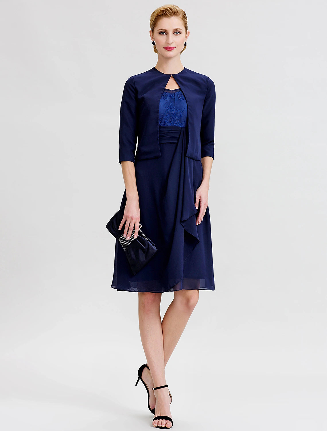 A-Line / Two Piece Jewel Neck Knee Length Chiffon / Corded Lace Mother of the Bride Dress with Sash / Ribbon