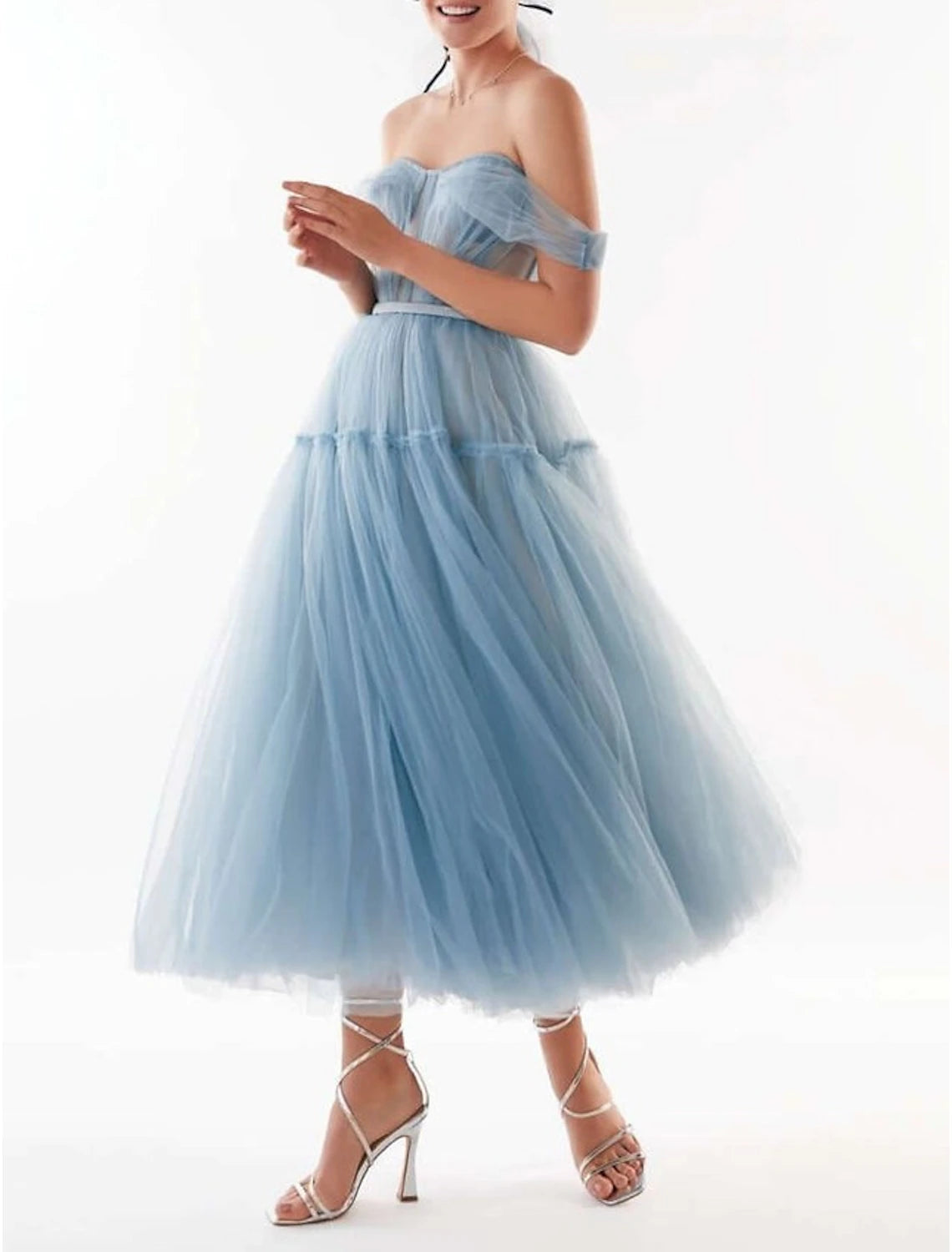 A-Line Prom Dresses Elegant Dress Wedding Guest Prom Ankle Length Short Sleeve Off Shoulder Tulle with Pleats Pure Color