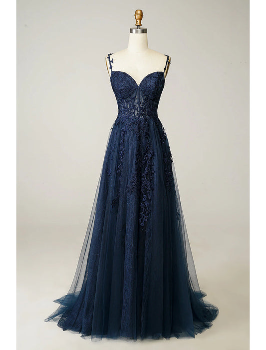 A-Linien-Ballkleid, durchsichtiges Kleid, formeller Ball, Schleppe/Pinselzug, ärmellos, Herzausschnitt, Tüll, rückenfrei, mit Perlenbesatz, Schlitz, Applikationen