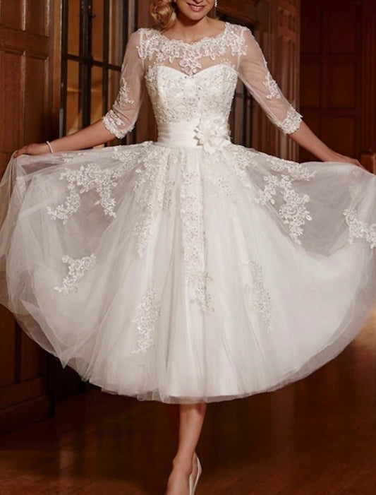 Vestidos de novia sencillos de recepción vintage de los años 40/50, vestidos de novia de corte A, escote en V, mangas cortas, largo hasta la rodilla, vestidos de novia de encaje con inserción de encaje.