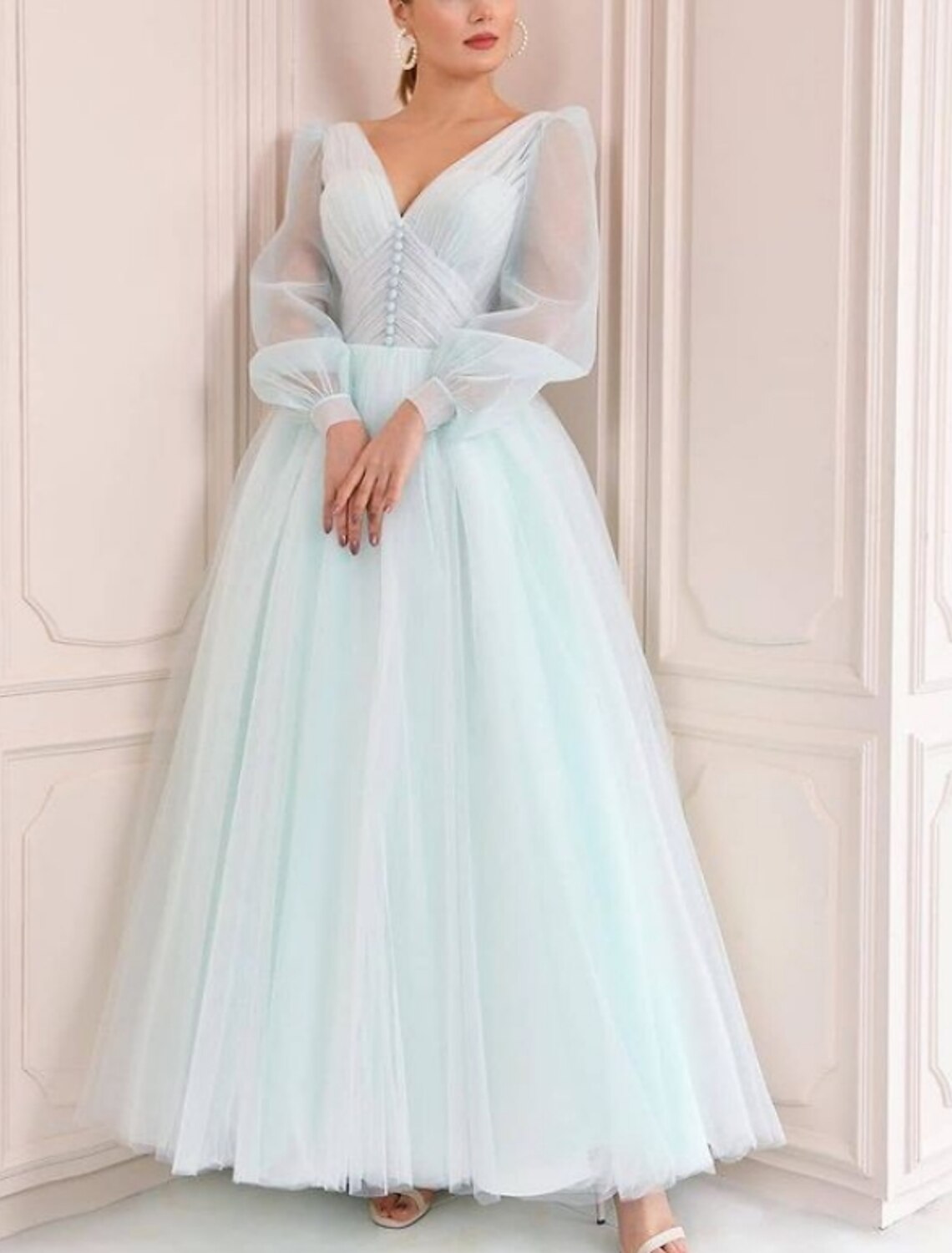 A-Line Minimalist Elegant Party Wear Prom Dress V Neck Long Sleeve Floor Length Tulle with Pleats