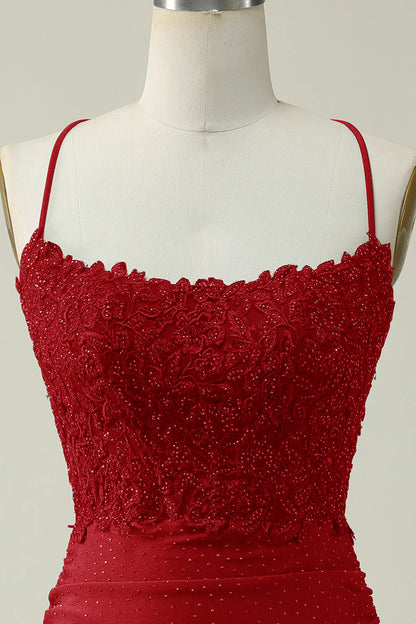Sheath Spaghetti Straps Short Homecoming Dress with Appliques