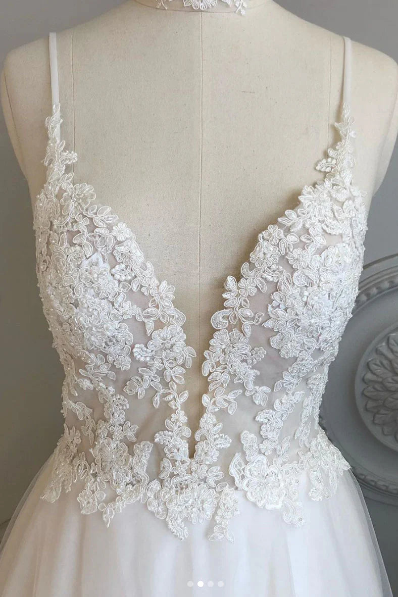 V neck tulle lace long prom dress