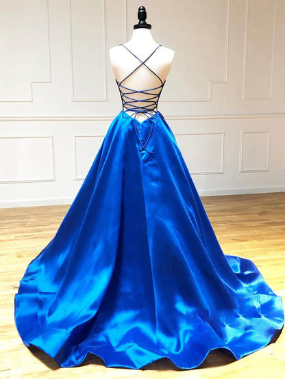 A Line V Neck Satin Long Prom Dress