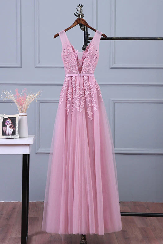 V neck lace applique tulle long prom dress