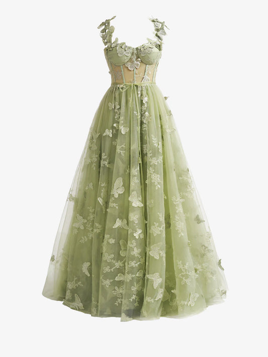 A-line Butterfly Lace Corset Prom Dress with Slit