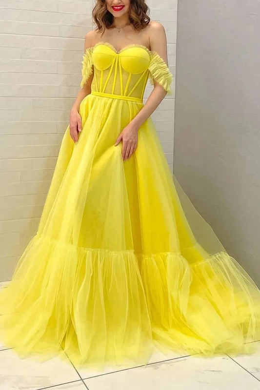 A Line Off the Shoulder Corset Prom Dress