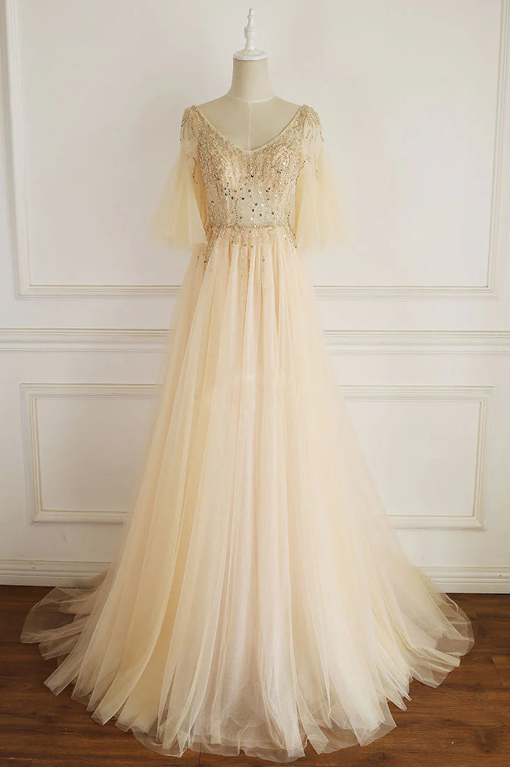 V neck tulle sequin long prom dress