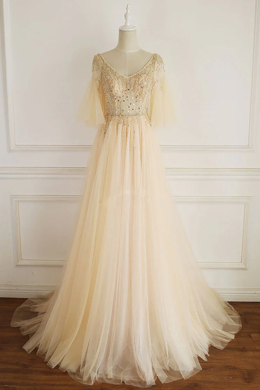V neck tulle sequin long prom dress