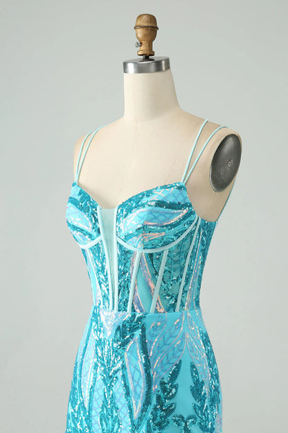 Sparkly Spaghetti Straps Corset Unique Homecoming Dress with Sequins