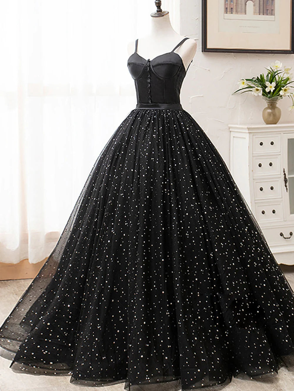 Langes Ballkleid mit Glitzer in A-Linie und V-Ausschnitt