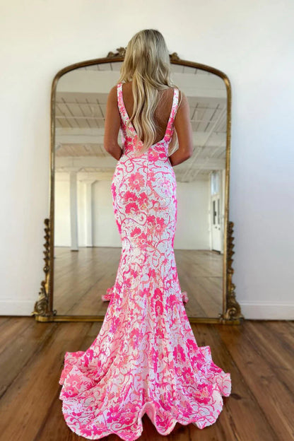 Vestido de fiesta de sirena con escote en V y lentejuelas y encaje