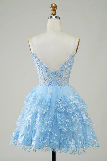 A Line Spaghetti Straps Sparkly Corset Homecoming Dress