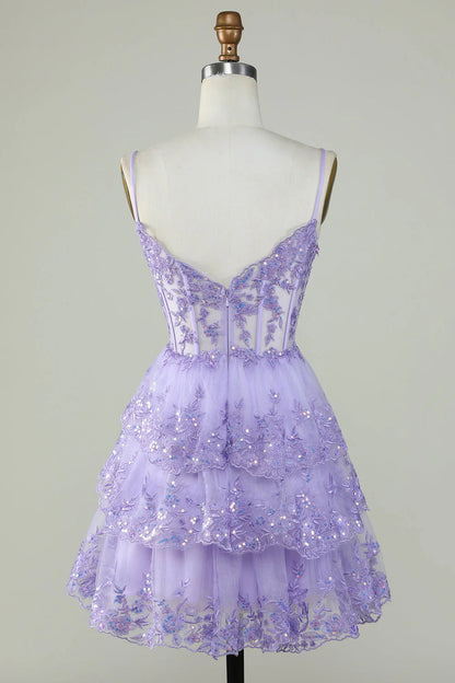 A Line Spaghetti Straps Sparkly Corset Homecoming Dress