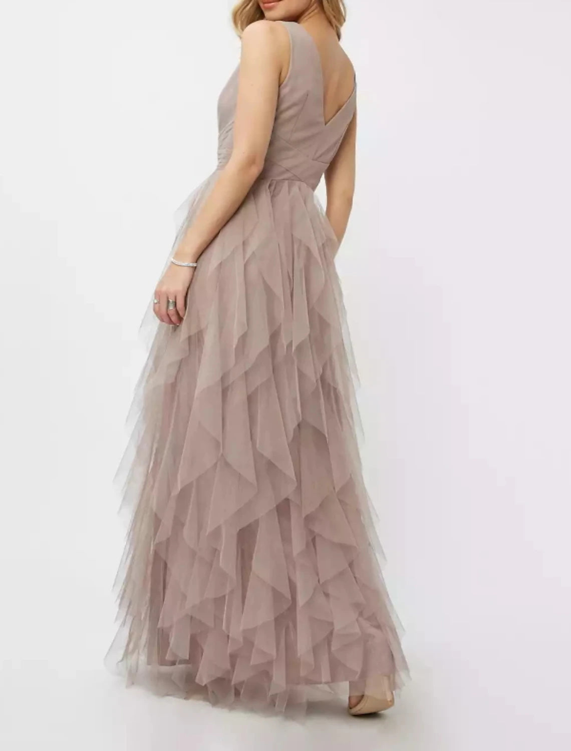 A-Linien-Partykleid, Frühlings-Abschlussball, formelles Abendkleid, V-Ausschnitt, ärmellos, bodenlang, Polyester mit drapierter Stufe