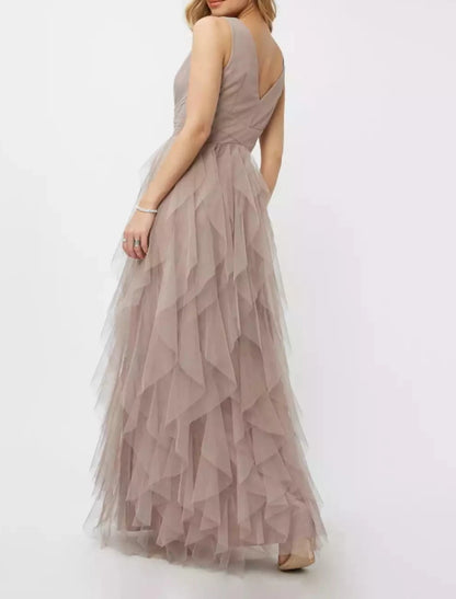 A-Linien-Partykleid, Frühlings-Abschlussball, formelles Abendkleid, V-Ausschnitt, ärmellos, bodenlang, Polyester mit drapierter Stufe