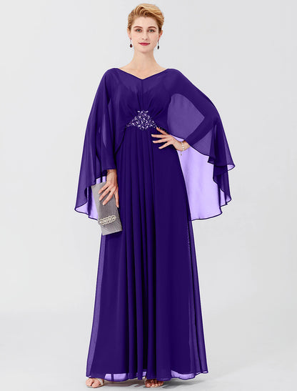 Etuikleid/Säulenkleid für die Mutter der Braut, formell, klassisch und zeitlos, elegant und luxuriös, elegant, V-Ausschnitt, bodenlang, Chiffon, lange Ärmel, mit Falten, Perlenbesatz