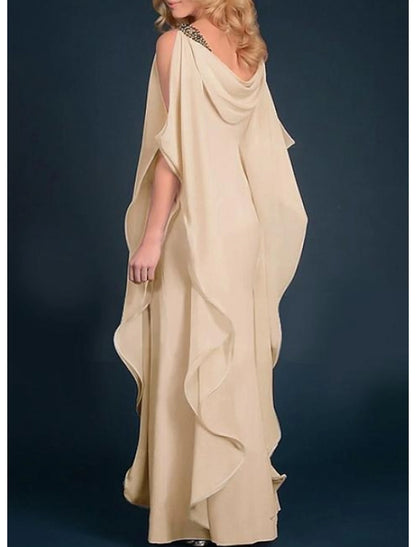 Etuikleid für die Brautmutter, Cape-Kleid, Hochzeitsgast, elegant, Übergröße, Rundhalsausschnitt, bodenlang, Chiffon, halbe Ärmel mit Perlenbesatz, kaskadierende Rüschen