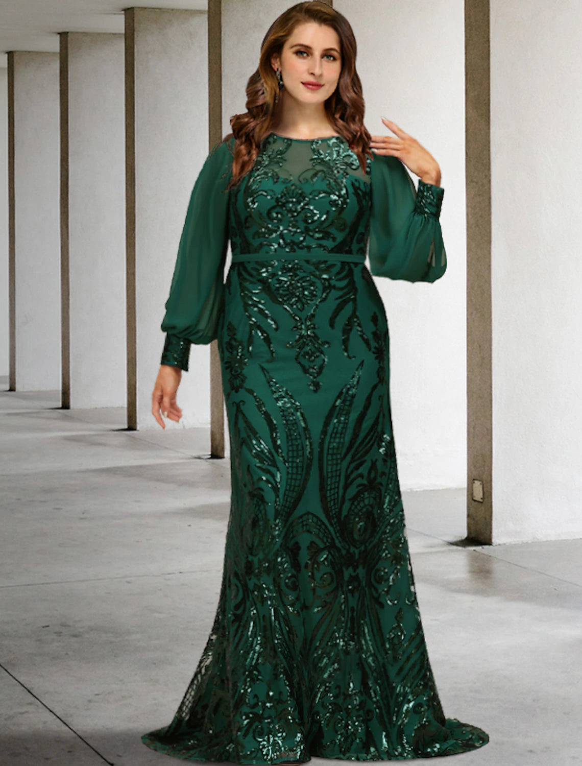 Mermaid / Trumpet Plus Size Curve Mother of the Bride Dresses Elegant Dress Formal Wedding Guest Sweep / Brush Train Long Sleeve Jewel Neck Chiffon with Sequin