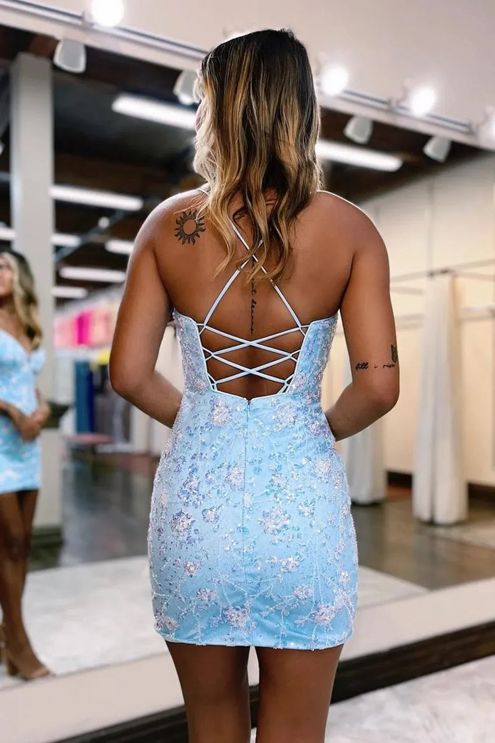 Bodycon Spaghetti Straps Short Homecoming Dress with Beaded