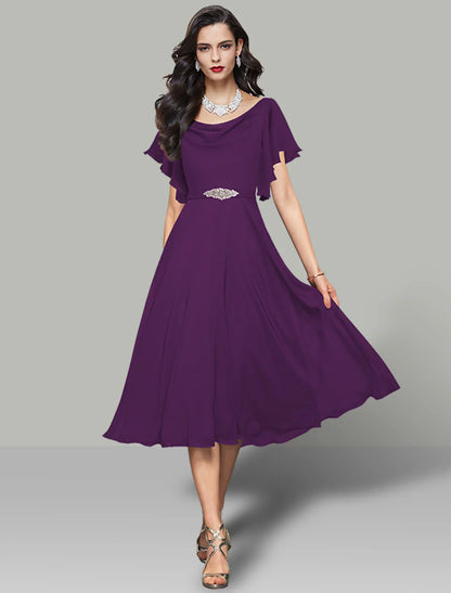 A-Line Wedding Guest Dresses Cocktail Party Kentucky Derby Tea Length Short Sleeve Cowl Neck Belt / Sash Chiffon with Rhinestone