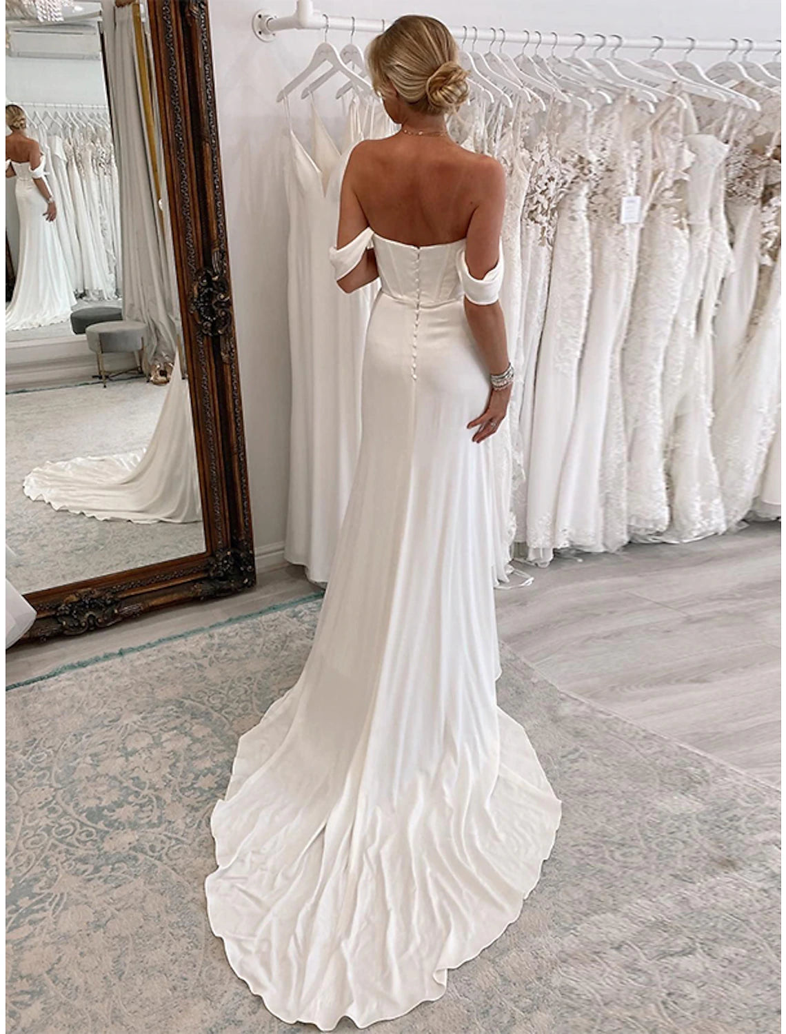 Vestidos de novia formales de recepción, corte tubo/columna, hombros descubiertos, sin mangas, cola de corte, tela elástica, trajes de novia, vestidos de novia con pliegues y fruncido.