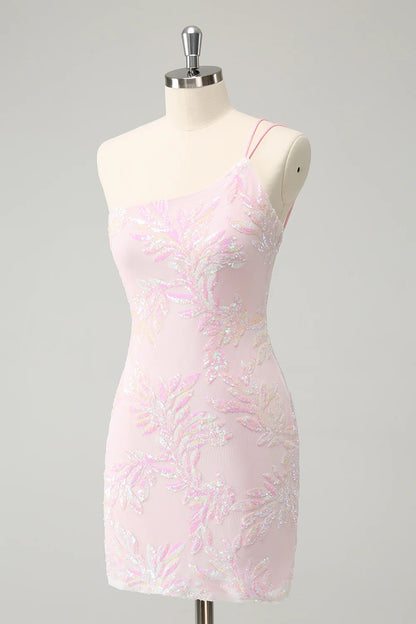 Sparkly Bodycon One Shoulder Sequins Homecoming Dress with Embroidery