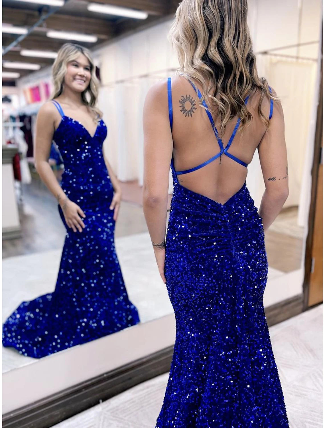 Vestidos de fiesta de sirena/trompeta con brillo y destellos, vestido formal para boda, fiesta, cola de corte, sin mangas, cuello en V, lentejuelas, espalda descubierta con lentejuelas