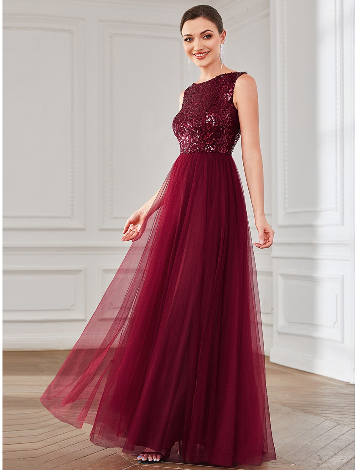 A-Linie Partykleider Sparkle &amp; Shine Kleid Hochzeitsgast Geburtstag Bodenlang Ärmellos Juwelausschnitt Tüll mit Pailletten
