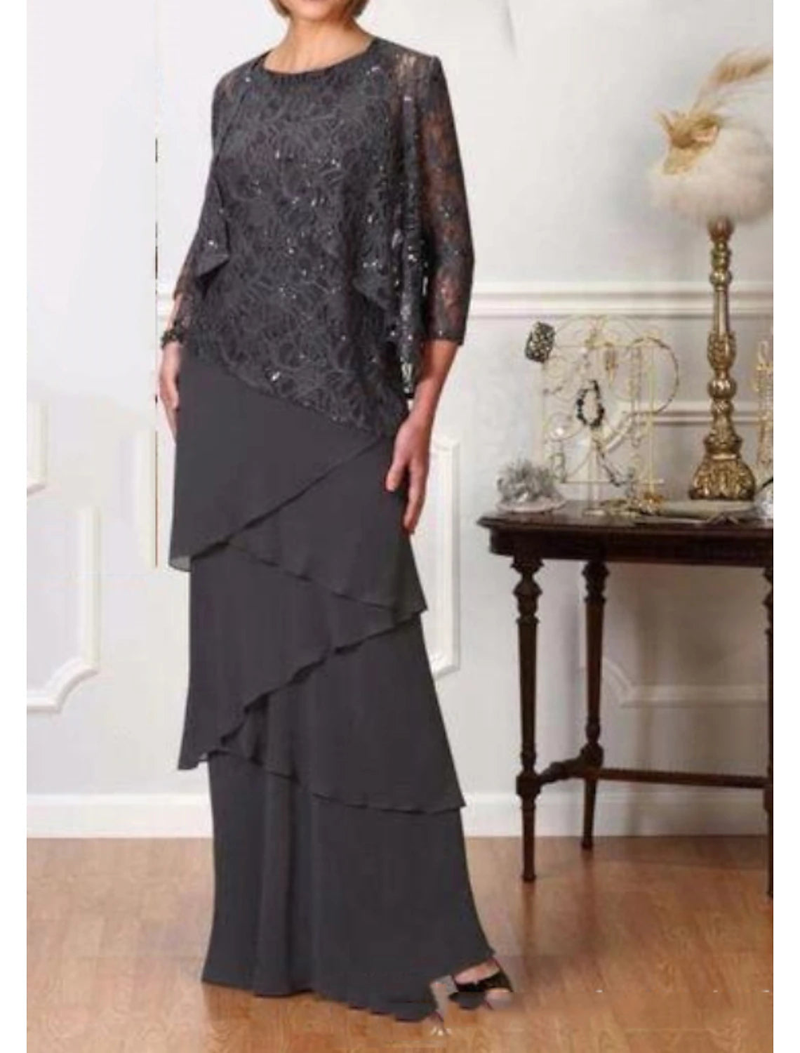 A-Line Mother of the Bride Dress Elegant Jewel Neck Floor Length Chiffon 3/4 Length Sleeve with Cascading Ruffles