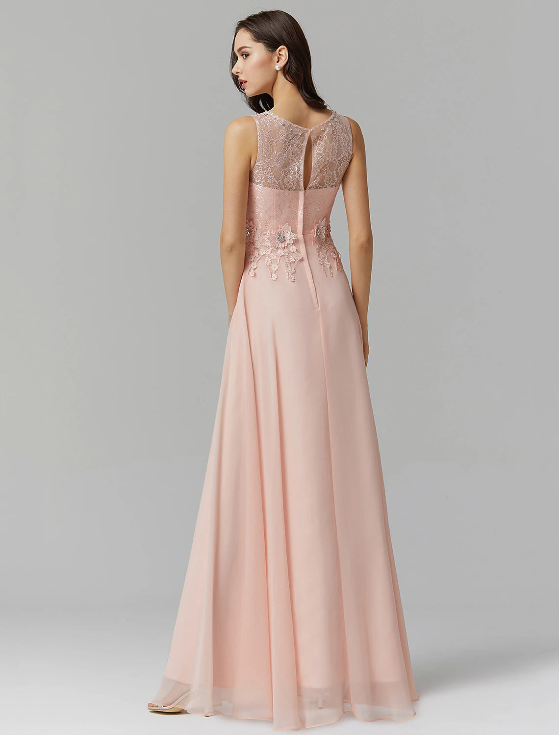A-Line Empire Dress Valentine's Day Wedding Guest Floor Length Sleeveless Illusion Neck Bridesmaid Dress Chiffon with Beading Appliques