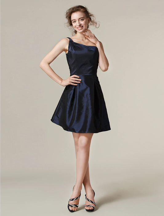 A-Line / Princess One Shoulder Short / Mini Taffeta Bridesmaid Dress