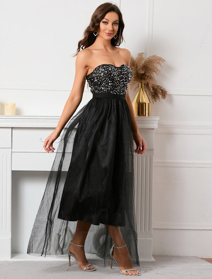 Vestidos de fiesta de corte A, vestido vintage, vacaciones, verano, largo hasta el suelo, sin mangas, sin tirantes, con lentejuelas