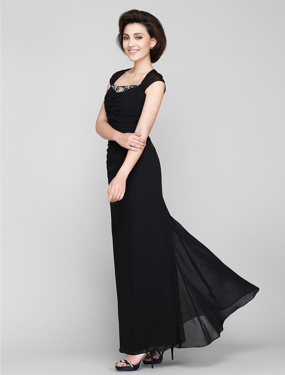 Sheath / Column Mother of the Bride Dress See Through Square Neck Ankle Length Chiffon Sleeveless No with Beading