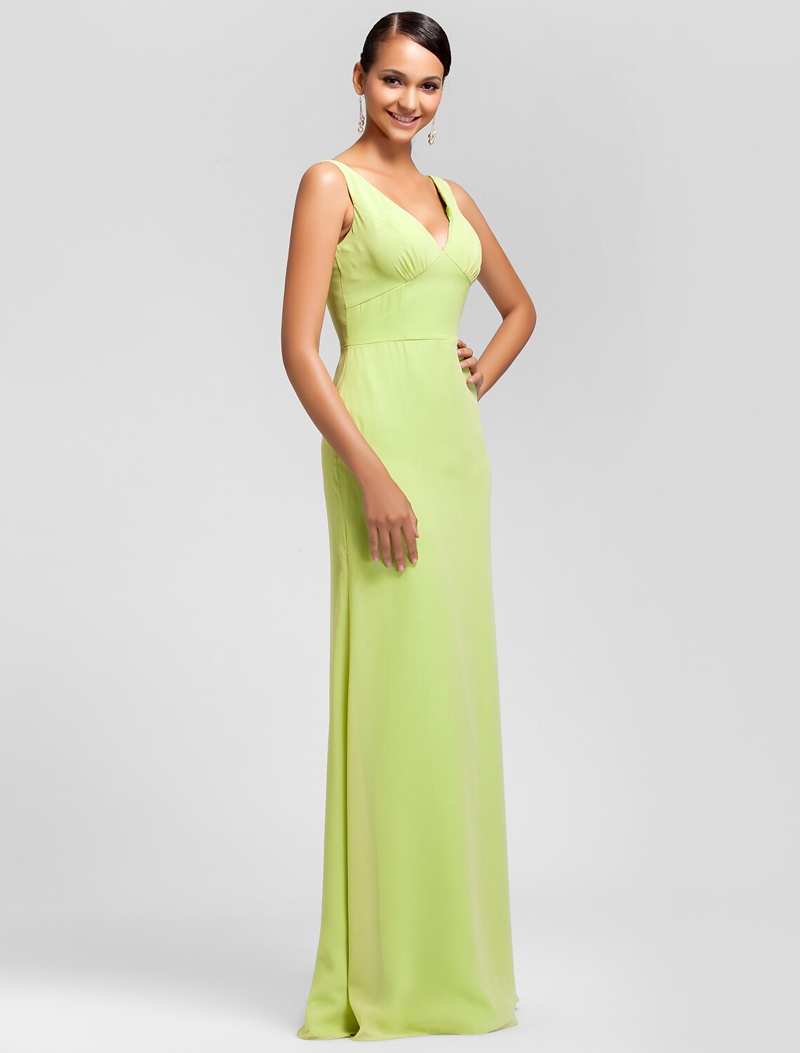 Sheath / Column V Neck Floor Length Chiffon Bridesmaid Dress with Side Draping