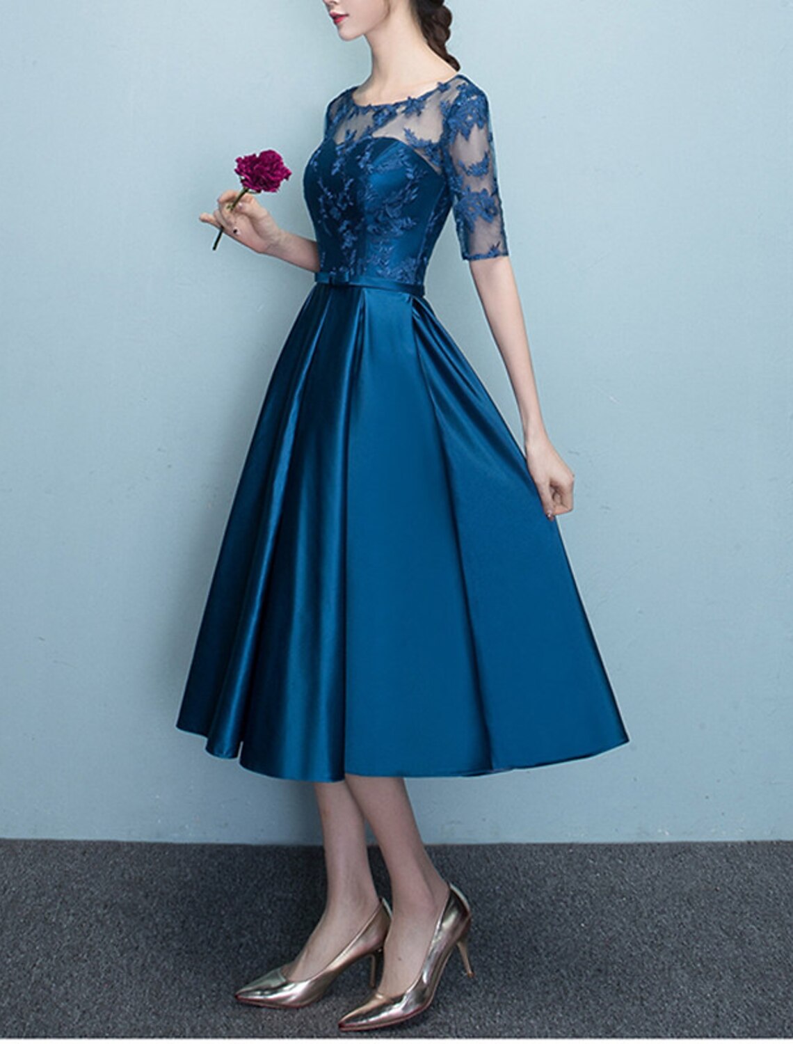 A-Line Mother of the Bride Dress Elegant Vintage Jewel Neck Tea Length Satin Lace Half Sleeve with Bow(s) Pleats