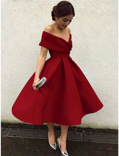 A-Line Cocktail Dresses 1950s Dress Wedding Guest Tea Length Short Sleeve V Neck Stretch Fabric V Back with Pleats