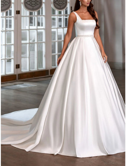Vestidos de novia formales de recepción, corte A, escote cuadrado, sin mangas, cola de corte, vestidos de novia de satén con pliegues y abalorios