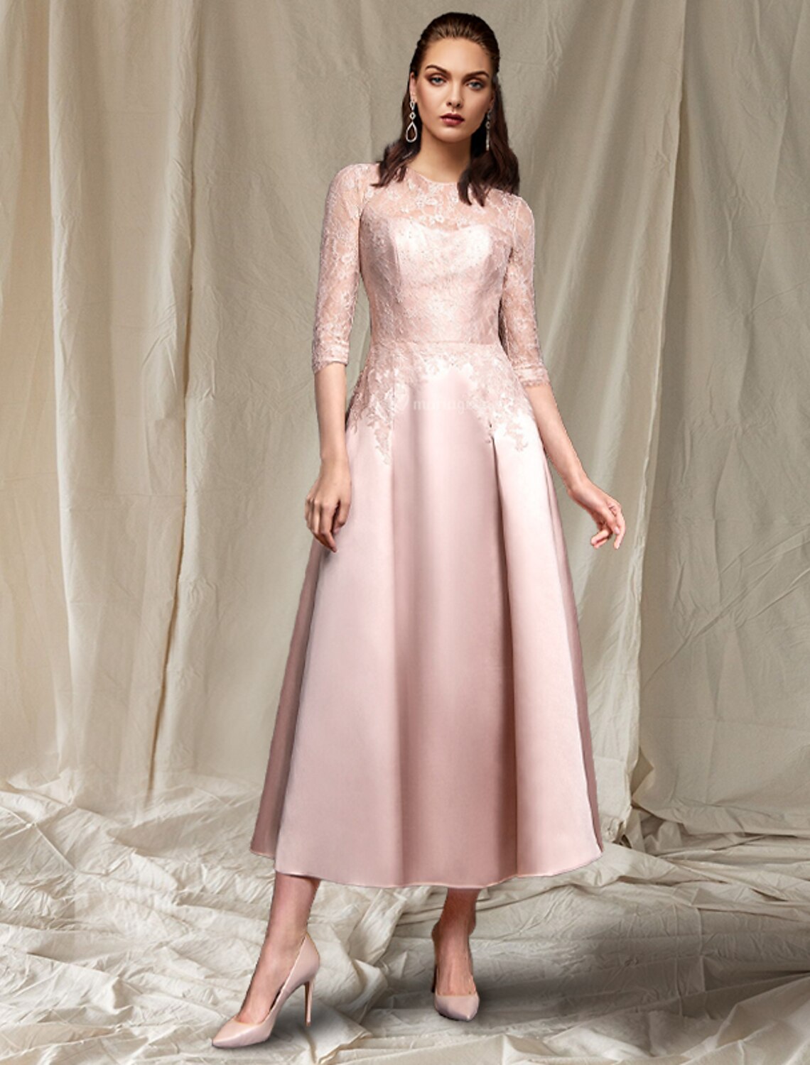 A-Line Mother of the Bride Dress Elegant Jewel Neck Tea Length Satin Lace Half Sleeve with Pleats