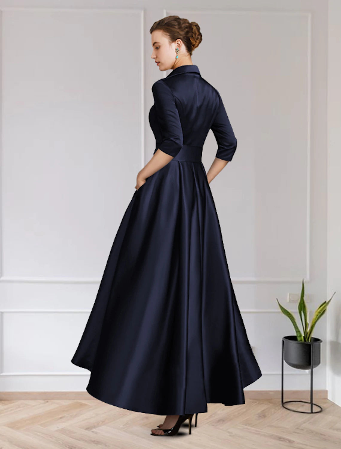 Vestido de Madre de la Novia de Corte A para Invitadas de Boda Elegante Cuello Alto Bajo Joya Asimétrico Gasa Encaje Manga Corta con Pliegues Apliques Otoño