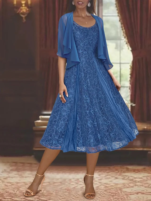 Vestidos de madre de la novia con corte en A, escote redondo y largo hasta la rodilla