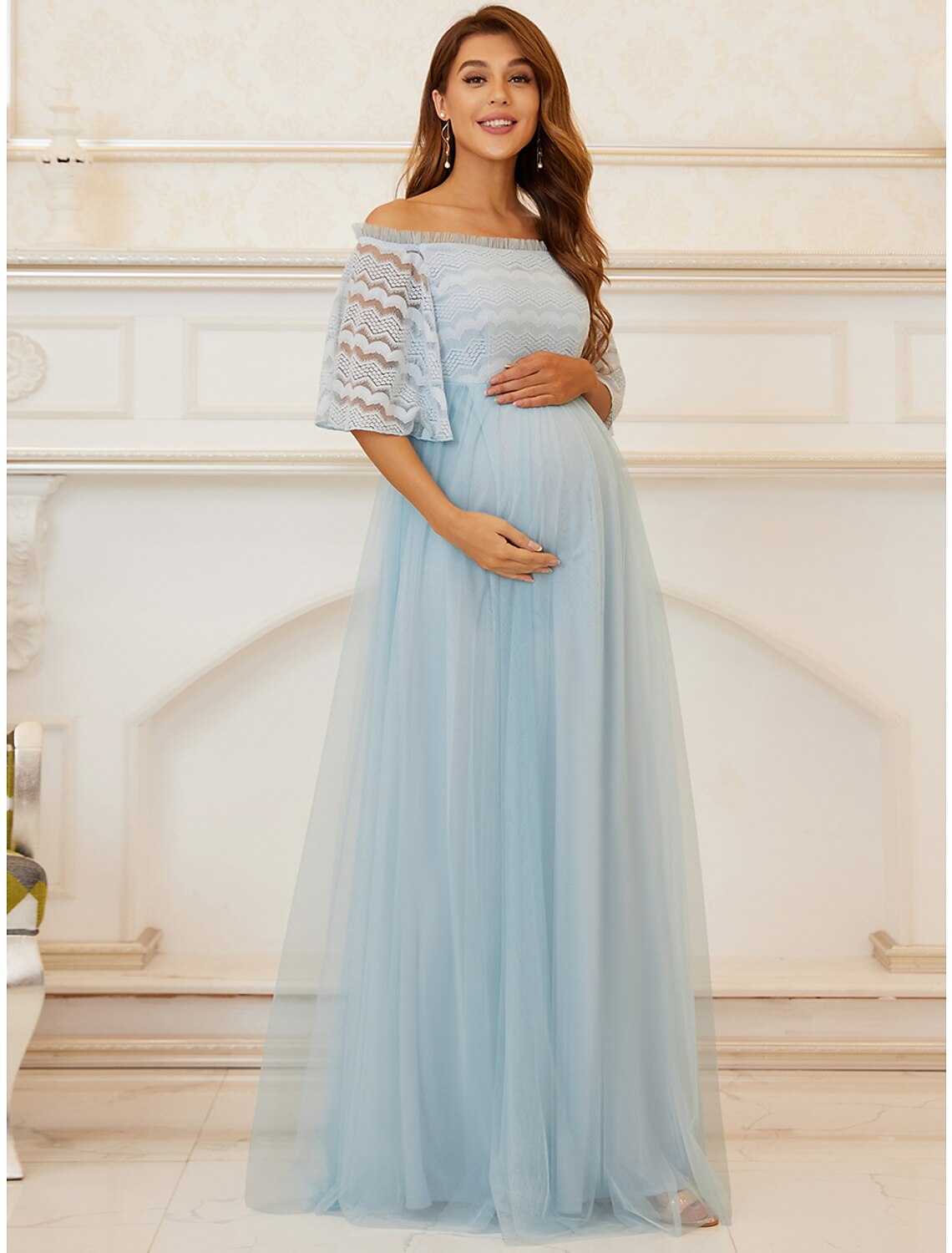 Vestido de madre de la novia de corte A, maternidad, elegante, con hombros descubiertos, largo hasta el suelo, encaje, tul, sin mangas, con capa
