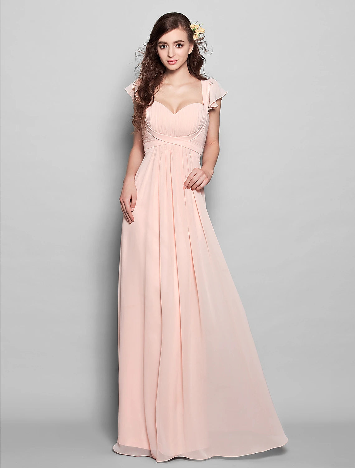 Vestido de dama de honor de gasa con escote tubo/columna, largo hasta el suelo, con faja/cinta/plisado.