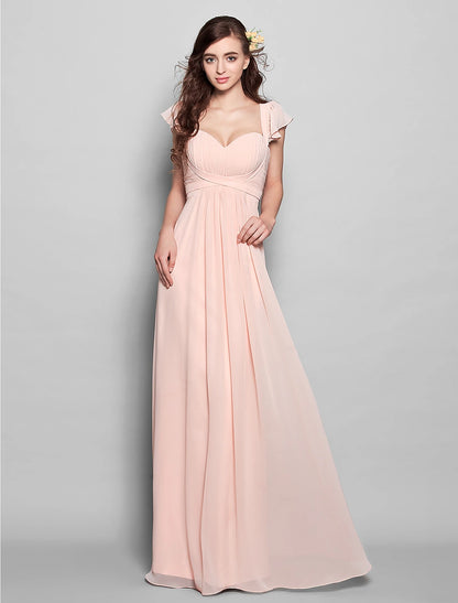 Vestido de dama de honor de gasa con escote tubo/columna, largo hasta el suelo, con faja/cinta/plisado.
