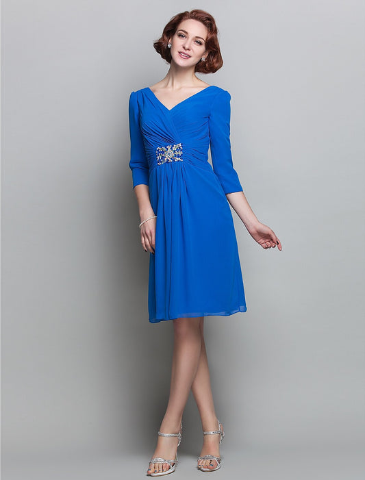 Sheath / Column Mother of the Bride Dress V Neck Knee Length Chiffon 3/4 Length Sleeve with Criss Cross Ruched Crystals