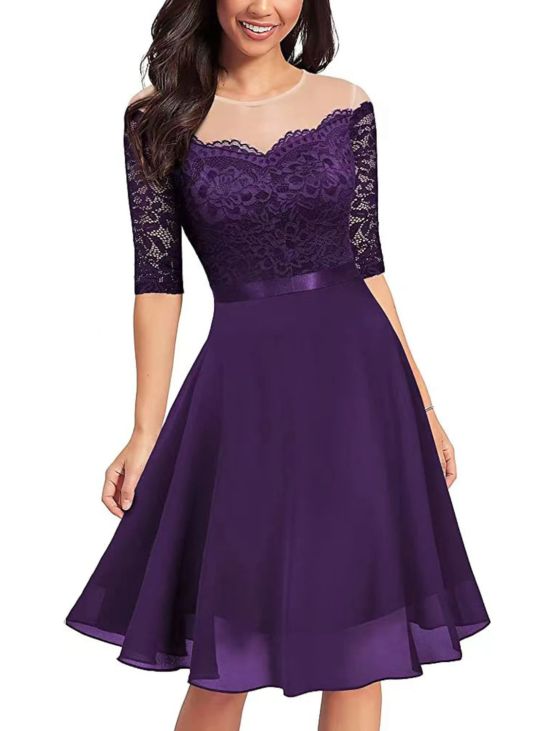 Vestidos de cóctel de corte A, vestido vintage, vestido de fiesta, cóctel, fiesta, largo hasta la rodilla, media manga, cuello joya, otoño, boda, invitado, encaje con pliegues