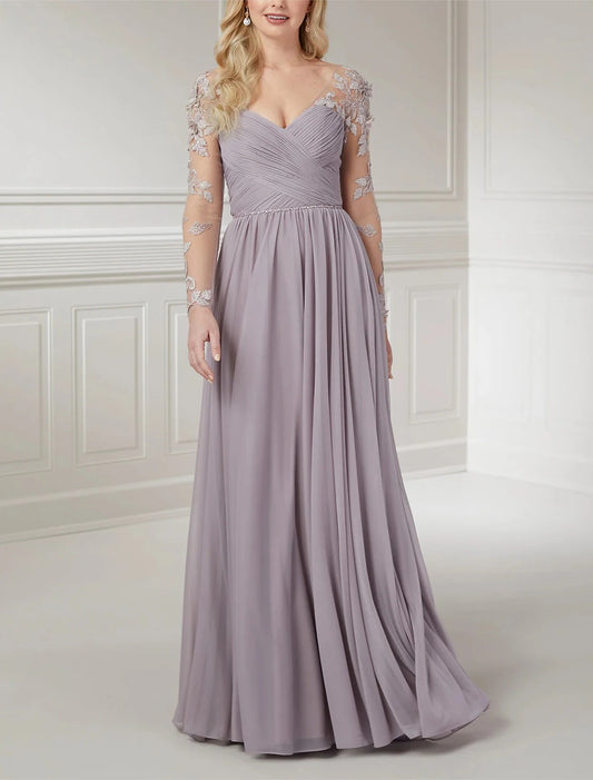 A-Line Mother of the Bride Dress Formal Wedding Guest Elegant Scoop Neck V Neck Floor Length Chiffon Lace Long Sleeve with Ruched Flower