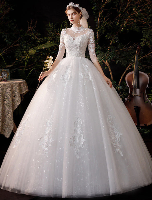Vestidos de novia de recepción, vestido de baile, cuello alto, media manga, largo hasta el suelo, vestidos de novia de encaje con apliques