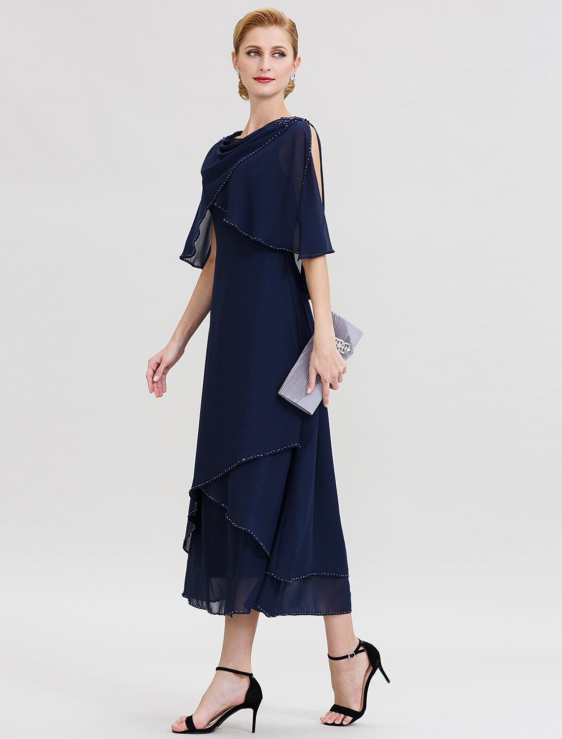 A-Line Mother of the Bride Dress Elegant Cowl Neck Floor Length Chiffon Half Sleeve with Beading